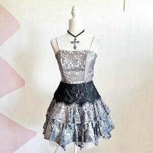 Vintage Cupcake Dress Tiered Tulle Party Prom Y2K Goth Coquette Retro Gray XS